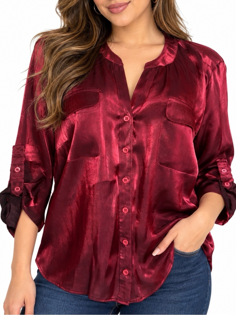 Elementz Shiny Burgundy Satin Button-Down Blouse
